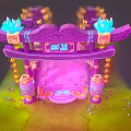 Cartoon Scene Featuring Purple Archway Blue Decorations Pink Pathway Green Grass And Small Colorful Characters