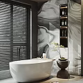 Modern Bathroom Interior With Freestanding Bathtub Double Sinks Large Mirror And Sliding Blinds
