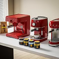 Red Daily Use Coffee Makers On Kitchen Counter With Coffee Cans And Bags 3d model