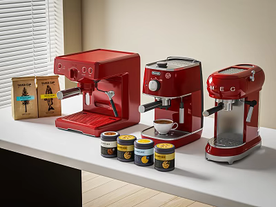 Red Daily Use Coffee Makers On Kitchen Counter With Coffee Cans And Bags 3d model