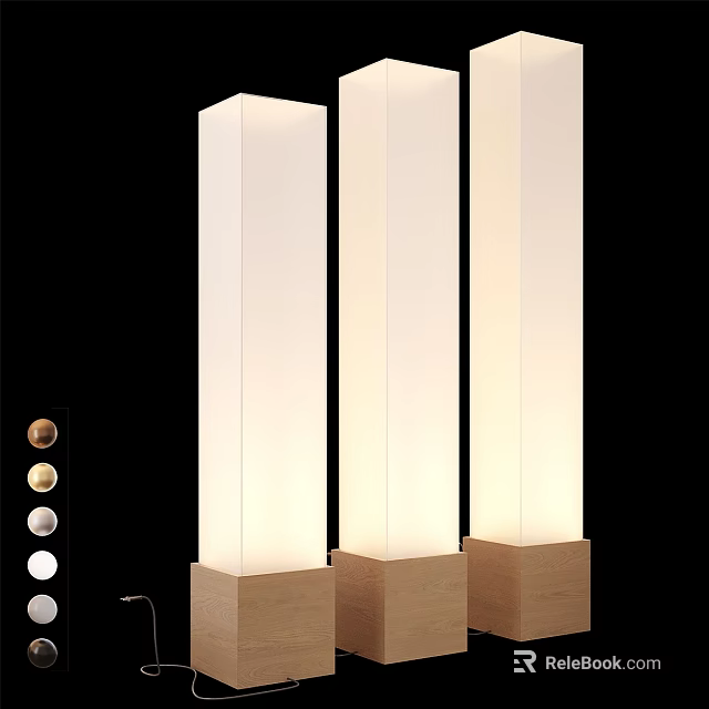 Three Modern White Cylindrical Floor Lamps With Wooden Base And Control Knobs 3d model 