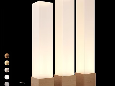 Three Modern White Cylindrical Floor Lamps With Wooden Base And Control Knobs 3d model