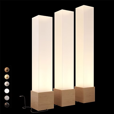 Three Modern White Cylindrical Floor Lamps With Wooden Base And Control Knobs 3d model