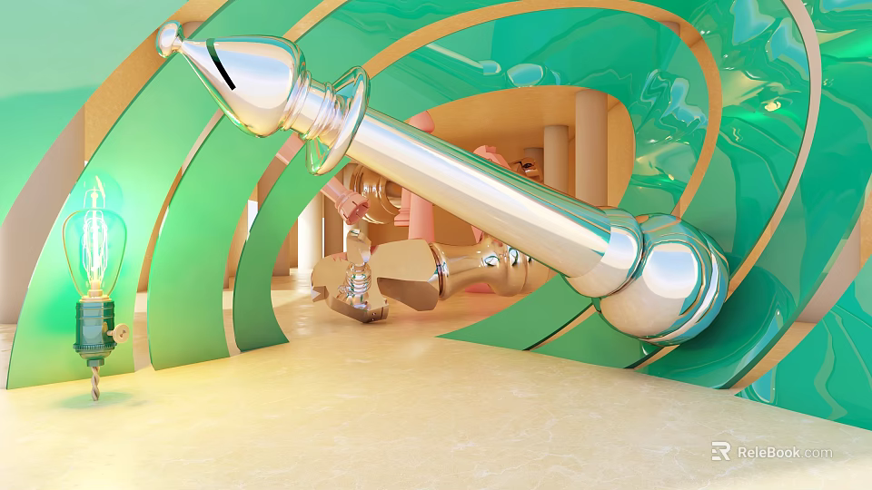 Modern Exhibition Hall With Green Gold Curved Walls And Large Silver Sculptural Installation 3d model 