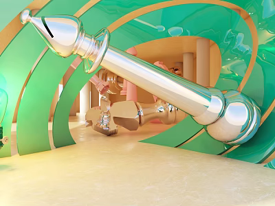 Modern Exhibition Hall With Green Gold Curved Walls And Large Silver Sculptural Installation 3d model