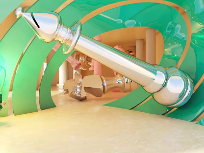 Modern Exhibition Hall With Green Gold Curved Walls And Large Silver Sculptural Installation 3d model