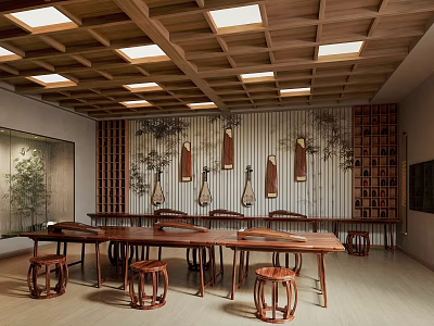 Traditional Chinese Tea Room Interior With Wooden Furniture Latticed Ceiling And Wall Decor 3d model