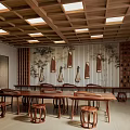Traditional Chinese Tea Room Interior With Wooden Furniture Latticed Ceiling And Wall Decor