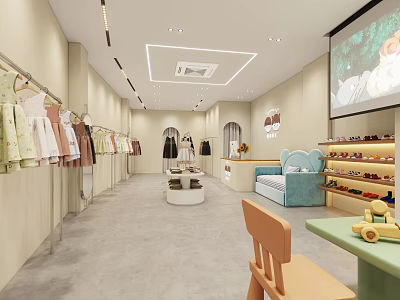 Children's Fashion Store Interior With Dresses Display Racks Sofa Toys And Shoe Shelves 3d model