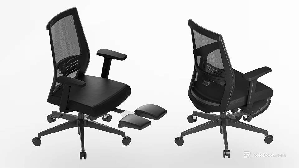 Black Ergonomic Office Chair With Mesh Backrest Armrests Wheels And Footrest Design 3d model 