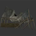Old Tent Structure with Wooden Frame Torn Fabric Broken Parts and Scattered Planks