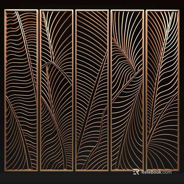 Decorative Room Divider With Laser Cut Feather Pattern And Golden Lines 3d model