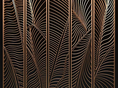 Decorative Room Divider With Laser Cut Feather Pattern And Golden Lines 3d model
