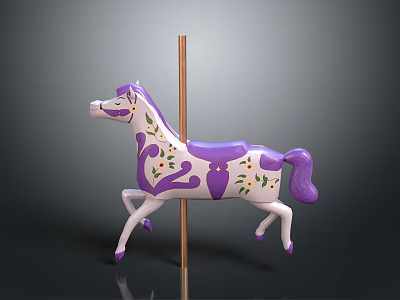Purple And White Carousel Horse Equipment With Green Leaves Orange Accents On Golden Pole 3d model