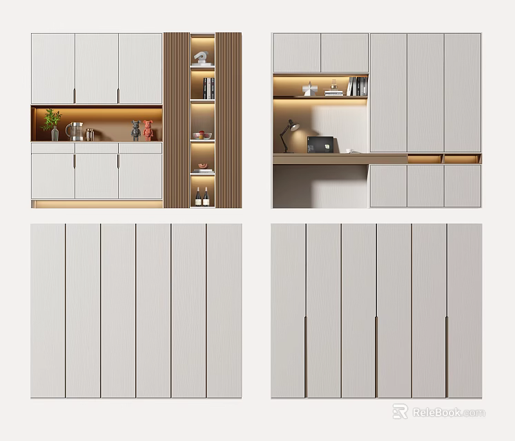 Modern Light Colored Wardrobe Interior With Vertical Stripe Doors And LED Lighting 3d model