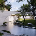 Modern Building Exterior Wall With Curved Metal Grille Green Trees And Lawn Lighting