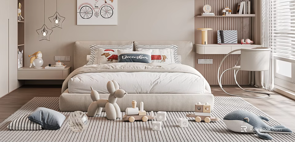 Cozy Kids Bed With Dreaming Pillow Wooden Toys Striped Rug And Bicycle Wall Decor 3d model 