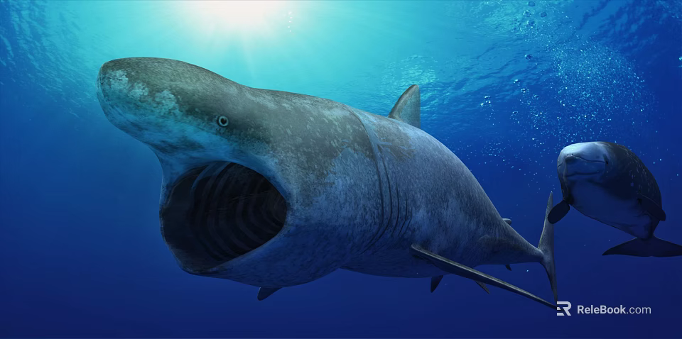 Giant Shark With Open Mouth Swimming In Blue Ocean Water Under Sunlight 3d model 