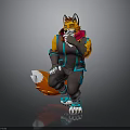 Fox Character In Orange And Blue Outfit Squatting With Hand On Mouth And Fluffy Tail