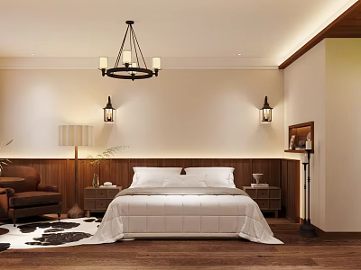 Cozy Warm Toned Hotel Guest Room With Wooden Wainscoting Retro Lighting And Soft Comfortable Bedding 3d model