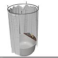 White Bathtub with White Shower Curtain and Wooden Tray Holding Bath Items