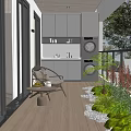 Home Balcony With Wooden Floor Cozy Armchair Side Table Green Plants Storage Cabinets And Pebbles