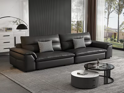 Modern Living Room Black Leather Sectional Sofa With Checkered Cushions Coffee Tables And Garden View 3d model