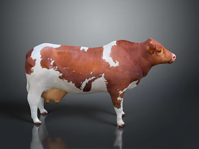 Brown And White Cow Standing On Reflective Surface With Gray Background 3d model