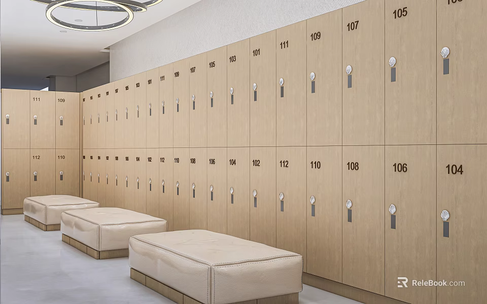 Light Wood Numbered Lockers with Metal Handles in Modern Locker Room and Beige Upholstered Benches 3d model 