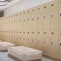 Light Wood Numbered Lockers with Metal Handles in Modern Locker Room and Beige Upholstered Benches