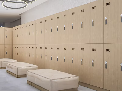 Light Wood Numbered Lockers with Metal Handles in Modern Locker Room and Beige Upholstered Benches 3d model