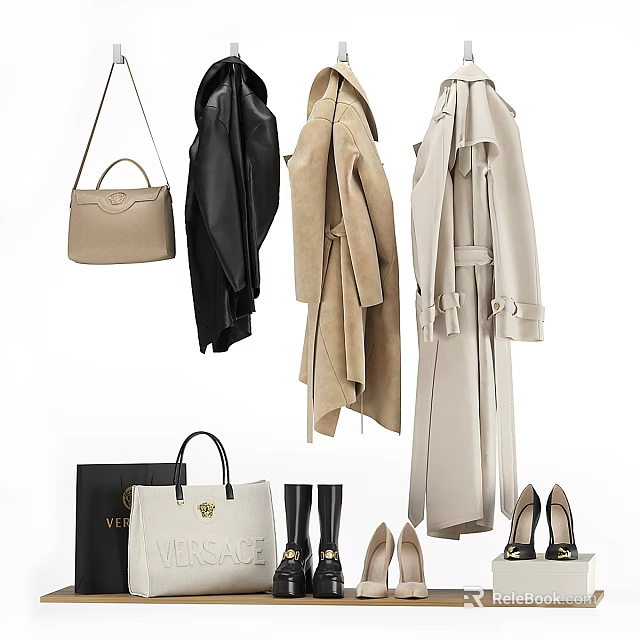 Stylish Fashion Clothes Display With Coats Bags And Shoes In Black Beige Colors 3d model 
