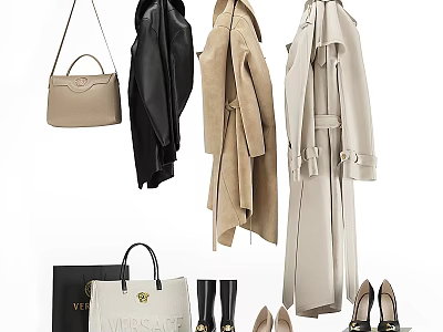 Stylish Fashion Clothes Display With Coats Bags And Shoes In Black Beige Colors 3d model