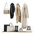Stylish Fashion Clothes Display With Coats Bags And Shoes In Black Beige Colors