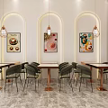 Bright Modern Restaurant Interior With Tables Chairs Hanging Lights Decorative Paintings And Counter