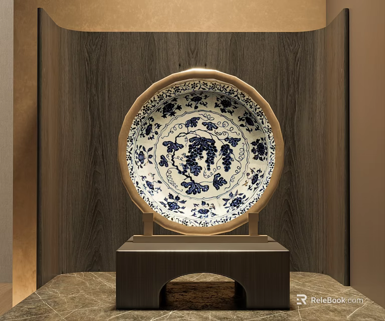 Illuminated Ceramic Plate With Blue And White Floral Pattern On Wooden Stand 3d model 