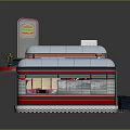 Cartoon Style Diner Building Exterior Featuring Neon Sign Red Gray Windows Pink Lighting