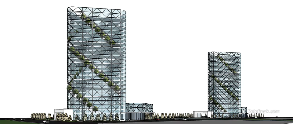 Modern Two Cylindrical Office Buildings With Glass Grid Facade And Vertical Gardens 3d model 