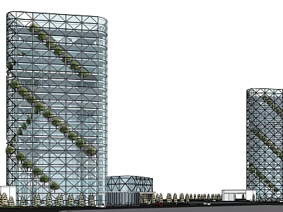 Modern Two Cylindrical Office Buildings With Glass Grid Facade And Vertical Gardens 3d model