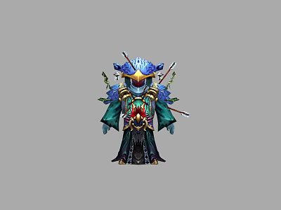Detailed Blue Robed Game and Movie Character with Golden Ornaments and Crossed Swords 3d model