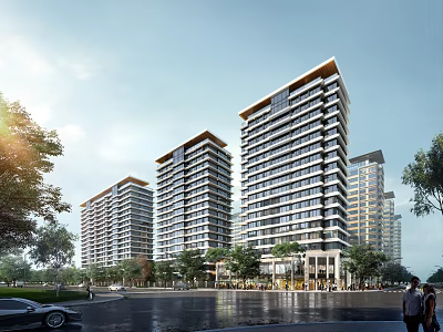 Modern High Rise Residential Buildings With Greenery Trees And Street Pedestrians 3d model