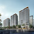 Modern High Rise Residential Buildings With Greenery Trees And Street Pedestrians