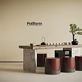 Poliform Marble Tea Table With Red Stools Small Potted Plant And Tea Set 3d model