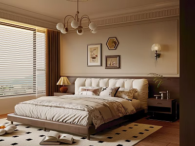 Elegant Modern Bedroom Interior Design With Upholstered Bed Chandelier Window Blinds And Decorative Paintings 3d model