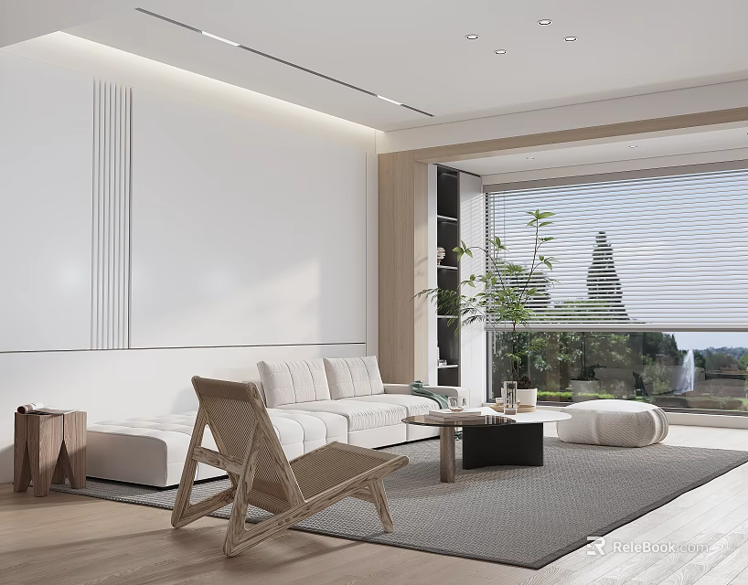 Modern Living Room Interior Design With White Sofa Wicker Chair And Large Window View 3d model 