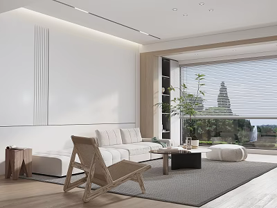 Modern Living Room Interior Design With White Sofa Wicker Chair And Large Window View 3d model