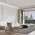 Modern Living Room Interior Design With White Sofa Wicker Chair And Large Window View