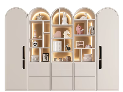 White Decorative Cabinet With Compartments Drawers And Kids Decorative Items With Warm Lighting 3d model
