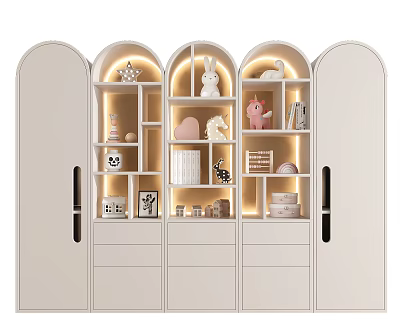 White Decorative Cabinet With Compartments Drawers And Kids Decorative Items With Warm Lighting 3d model