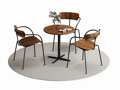 Round Wooden Dining Table Set With Three Chairs Metal Frames Vase Plant Book And Rug 3d model